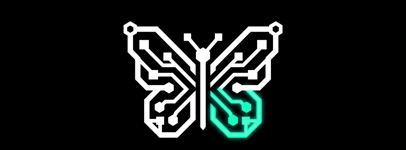 A symmetrical white PCB-trace butterfly on black, part of the lower-right wing glowing neon teal.