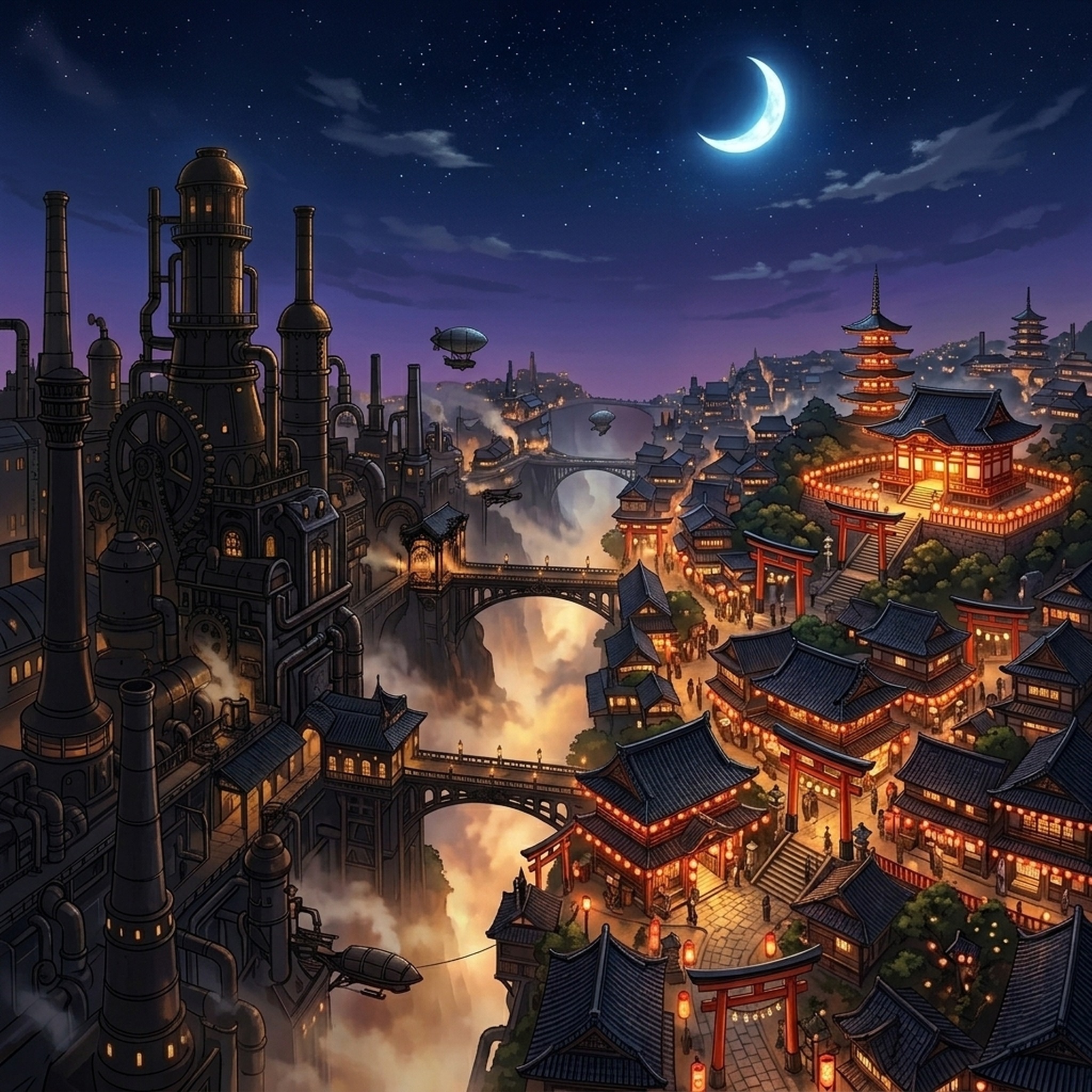 不夜城『汽京』の夜景。左に蒸気機関の工業区が黒い影で連なり、右は朱い提灯と鳥居の灯る和風の街並み。中央を鉄のアーチ橋が渡り、谷から光る蒸気が立ちのぼる。