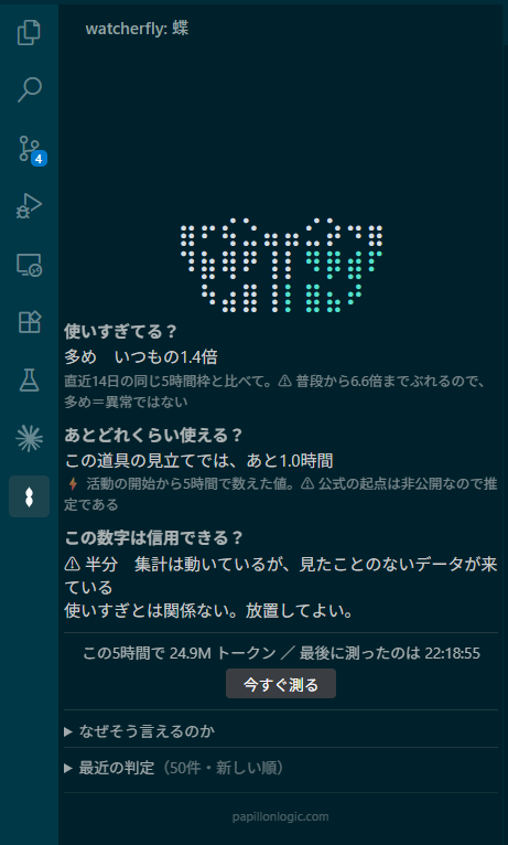 エディタ左端のパネル。点字の粒で蝶の形が描かれ、羽の右側の一部が青緑色に光っている。その下に「使いすぎてる？」「あとどれくらい使える？」「この数字は信用できる？」という3つの見出しと、それぞれ短い答えが並んでいる。最下部に papillonlogic.com と書かれている。